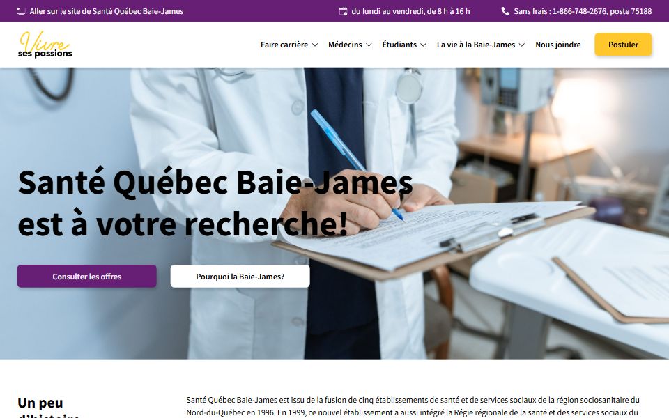 Page d'accueil de Santé Québec Baie-James — Vivre ses passions